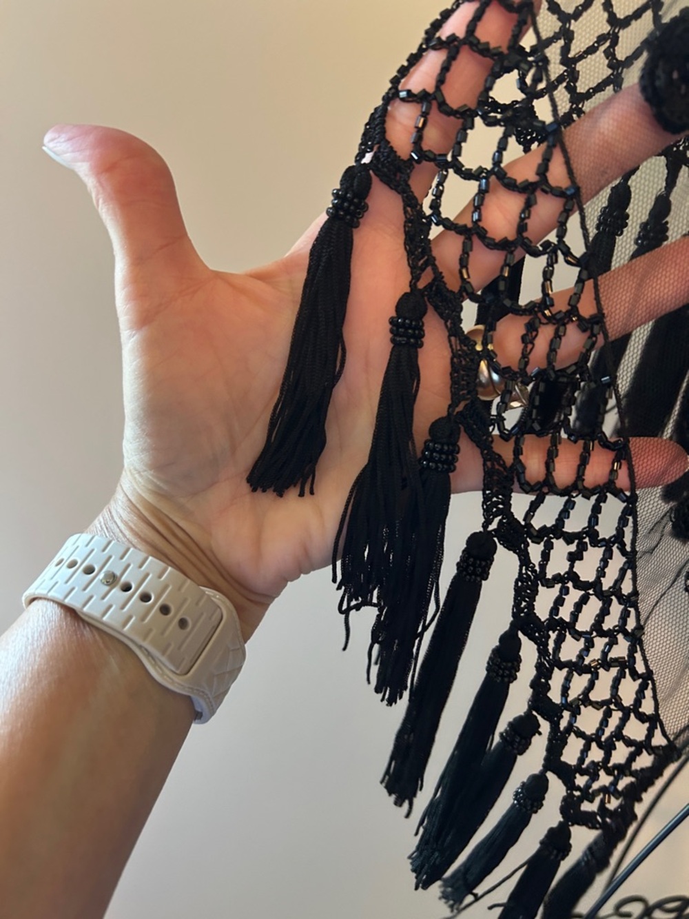 Black Lace Fringe Wrap Shawl - Elegant Evening Scarf - Picture 4 of 15
